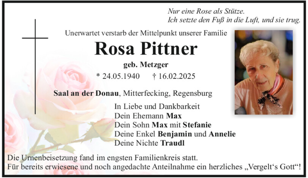  Traueranzeige für Rosa Pittner vom 15.03.2025 aus Mittelbayerische Zeitung Kelheim