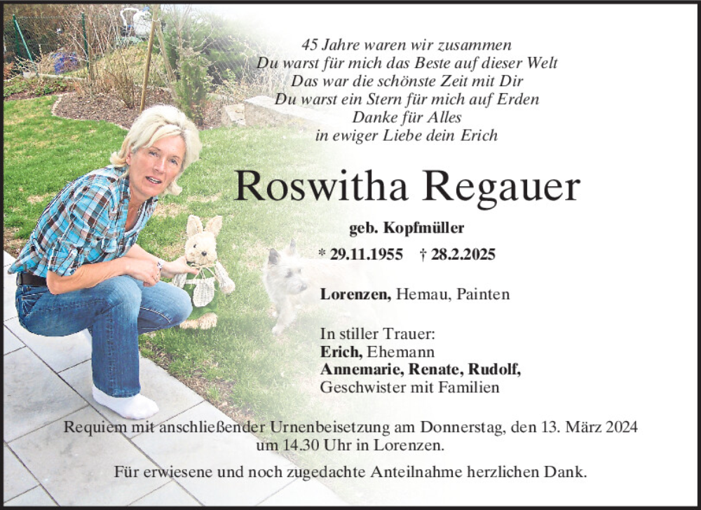  Traueranzeige für Roswitha Regauer vom 08.03.2025 aus Mittelbayerische Zeitung Kelheim