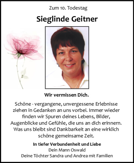 Traueranzeige von Sieglinde Geitner von Neumarkter Tagblatt