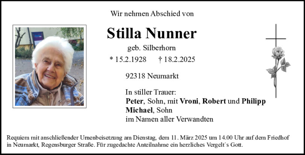  Traueranzeige für Stilla Nunner vom 08.03.2025 aus Neumarkter Tagblatt