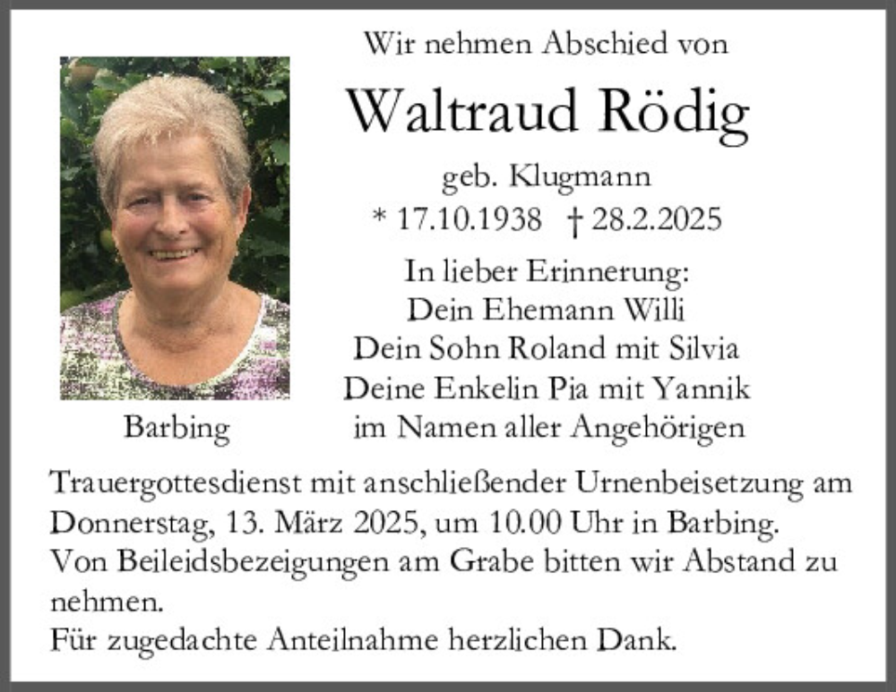  Traueranzeige für Waltraud Rödig vom 08.03.2025 aus Mittelbayerische Zeitung Regensburg