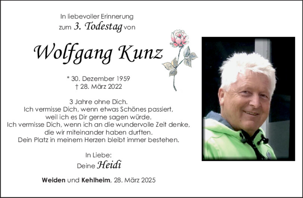  Traueranzeige für Wolfgang Kunz vom 28.03.2025 aus Mittelbayerische Zeitung Kelheim