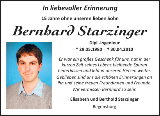 Traueranzeige von Bernhard Starzinger von Mittelbayerische Zeitung Regensburg