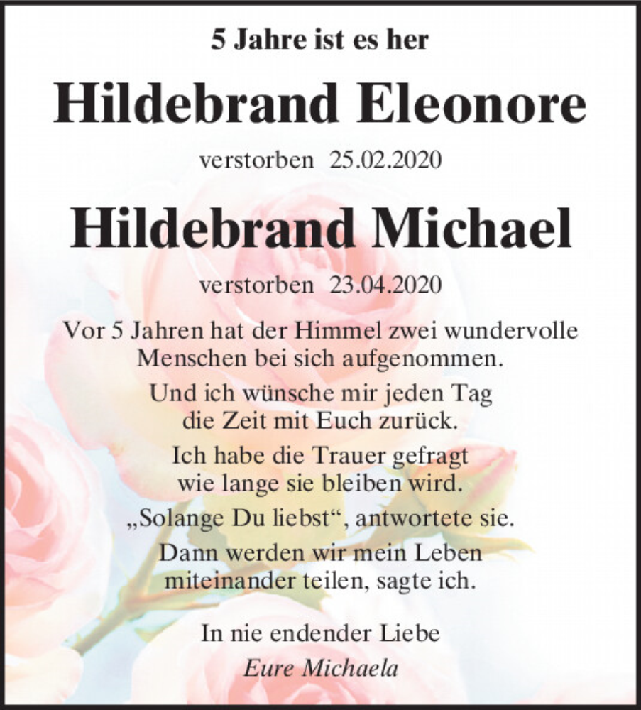  Traueranzeige für Eleonore Hildebrand vom 23.04.2025 aus Mittelbayerische Zeitung Schwandorf