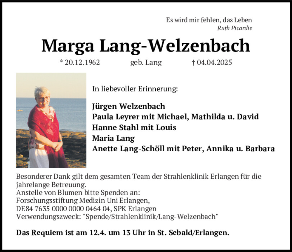  Traueranzeige für Marga Lang-Welzenbach vom 08.04.2025 aus Neumarkter Tagblatt