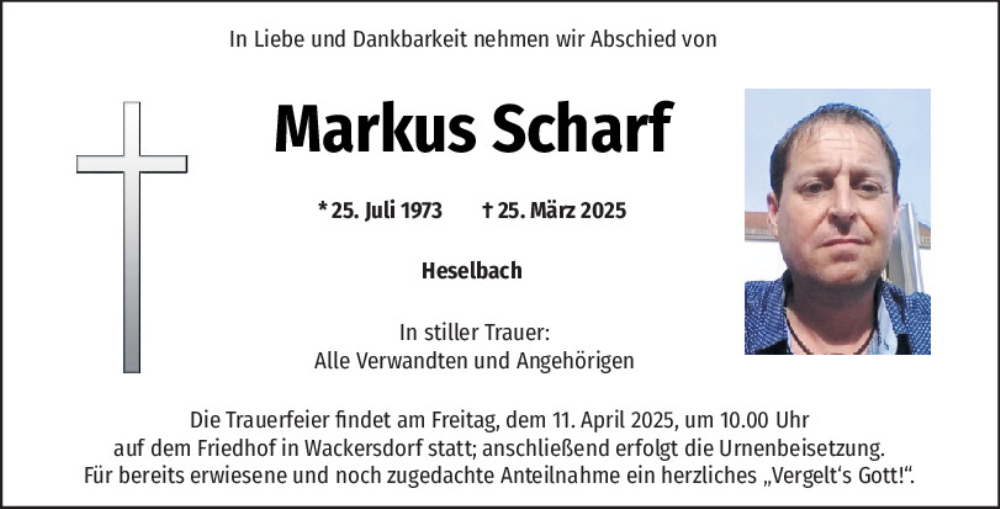  Traueranzeige für Markus Scharf vom 05.04.2025 aus Mittelbayerische Zeitung Schwandorf