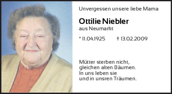 Traueranzeige von Ottilie Niebler von Neumarkter Tagblatt