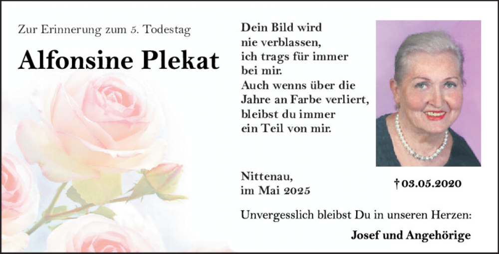  Traueranzeige für Alfonsine Plekat vom 03.05.2025 aus Mittelbayerische Zeitung Regensburg