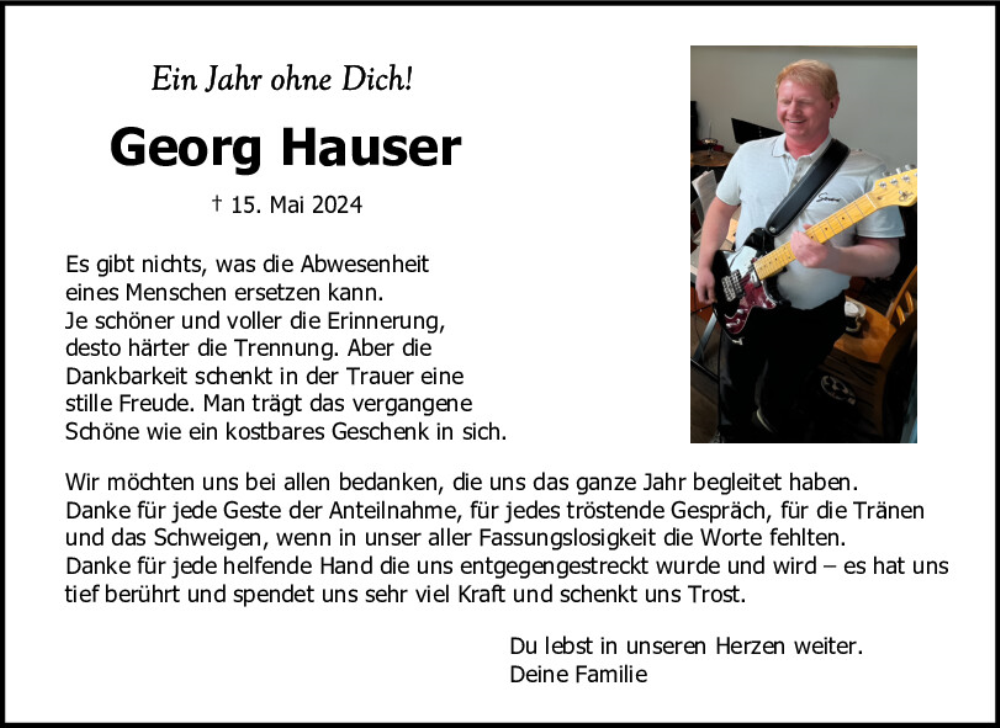  Traueranzeige für Georg Hauser vom 15.05.2025 aus Neumarkter Tagblatt