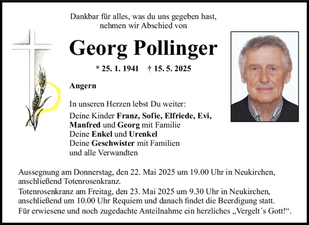  Traueranzeige für Georg Pollinger vom 20.05.2025 aus Mittelbayerische Zeitung Regensburg