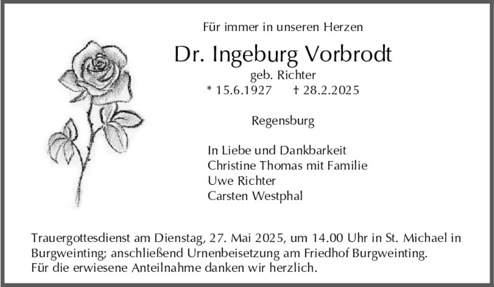  Traueranzeige für Ingeburg Vorbrodt vom 17.05.2025 aus Mittelbayerische Zeitung Regensburg