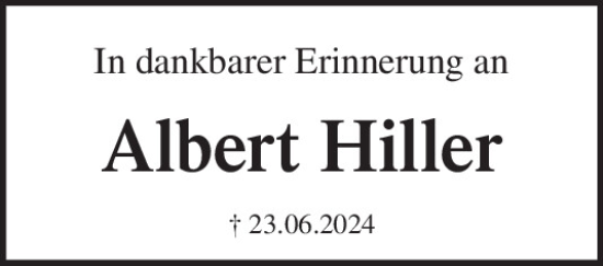 Traueranzeige von Albert Hiller von Mittelbayerische Zeitung Regensburg