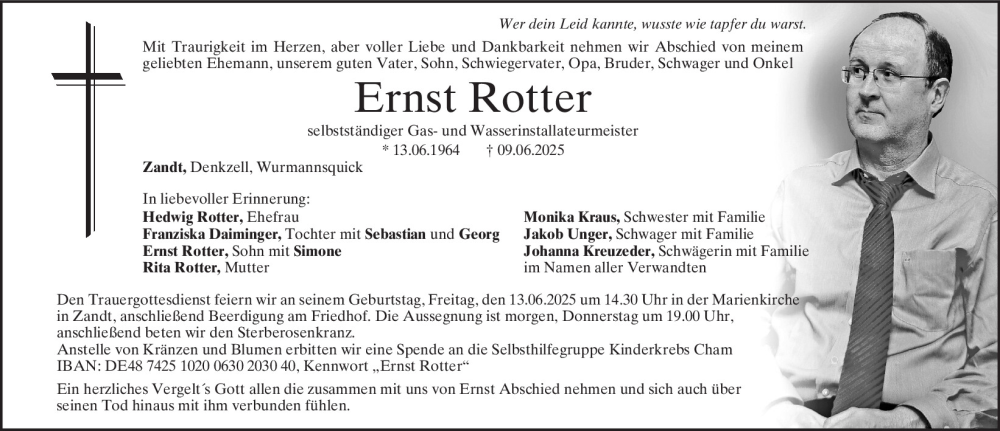  Traueranzeige für Ernst Rotter vom 11.06.2025 aus Bayerwald Echo