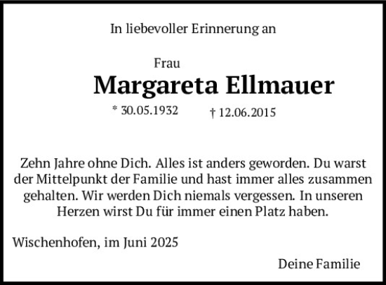 Traueranzeige von Margareta Ellmauer von Mittelbayerische Zeitung Gesamtausgabe