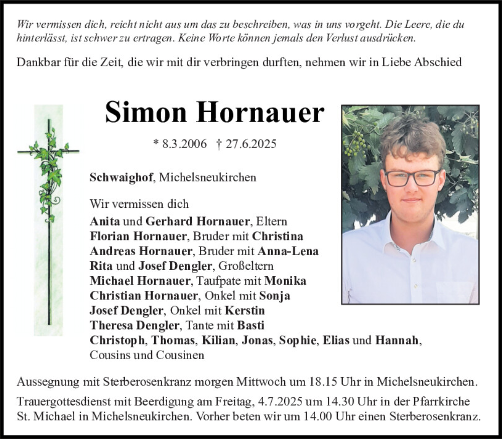  Traueranzeige für Simon Hornauer vom 01.07.2025 aus Bayerwald Echo