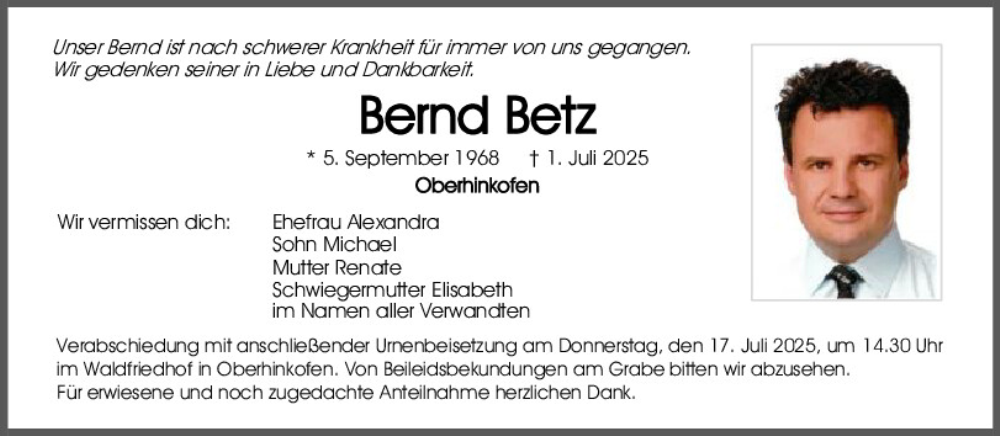  Traueranzeige für Bernd Betz vom 12.07.2025 aus Mittelbayerische Zeitung Regensburg