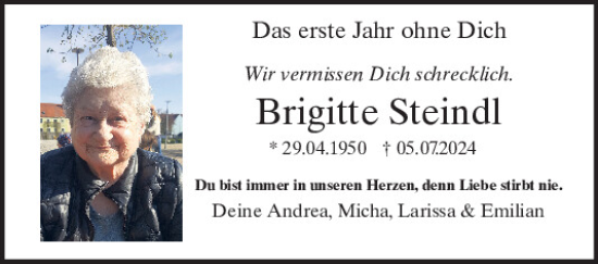 Traueranzeige von Brigitte Steindl von Mittelbayerische Zeitung Schwandorf