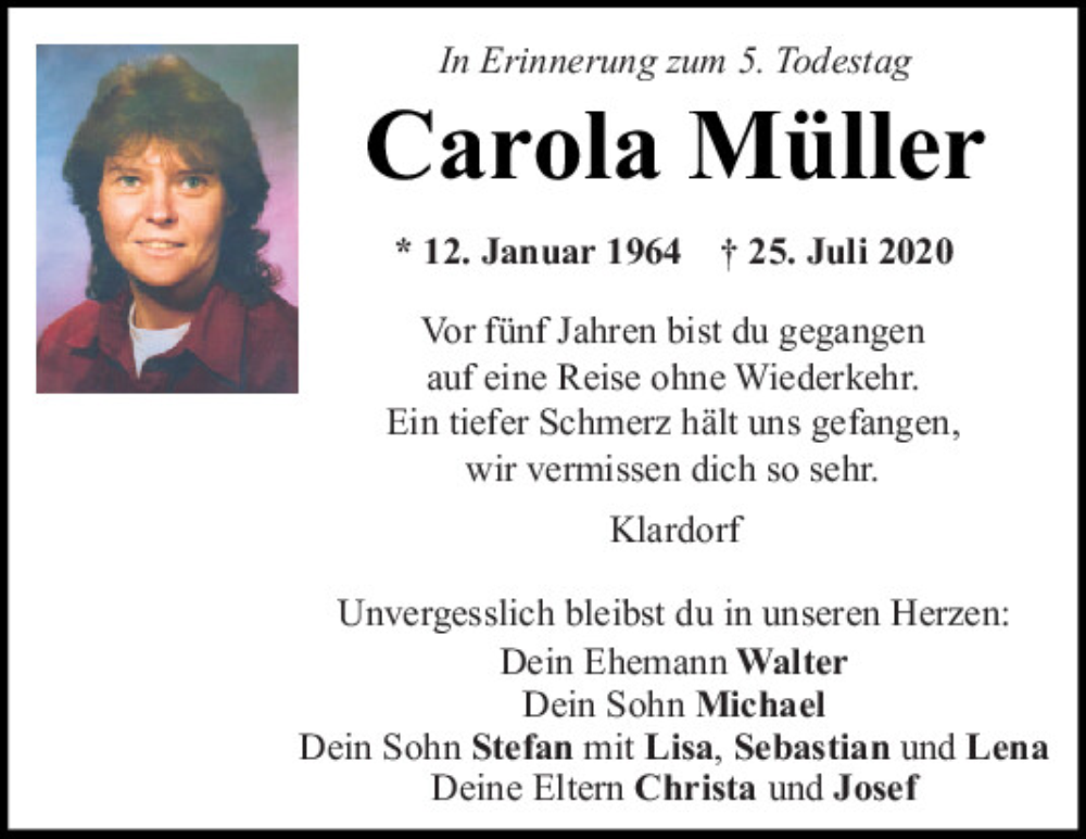  Traueranzeige für Carola Müller vom 25.07.2025 aus Mittelbayerische Zeitung Schwandorf