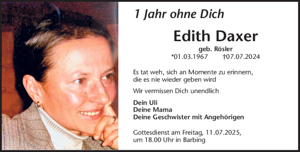  Traueranzeige für Edith Daxer vom 05.07.2025 aus Mittelbayerische Zeitung Regensburg