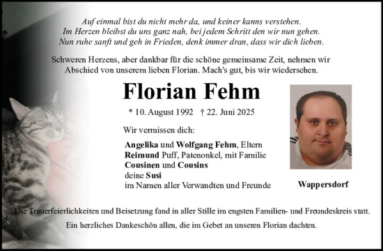 Traueranzeige von Florian Fehm von Neumarkter Tagblatt