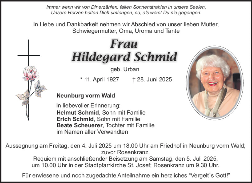 Traueranzeige für Hildegard Schmid vom 02.07.2025 aus Mittelbayerische Zeitung Schwandorf