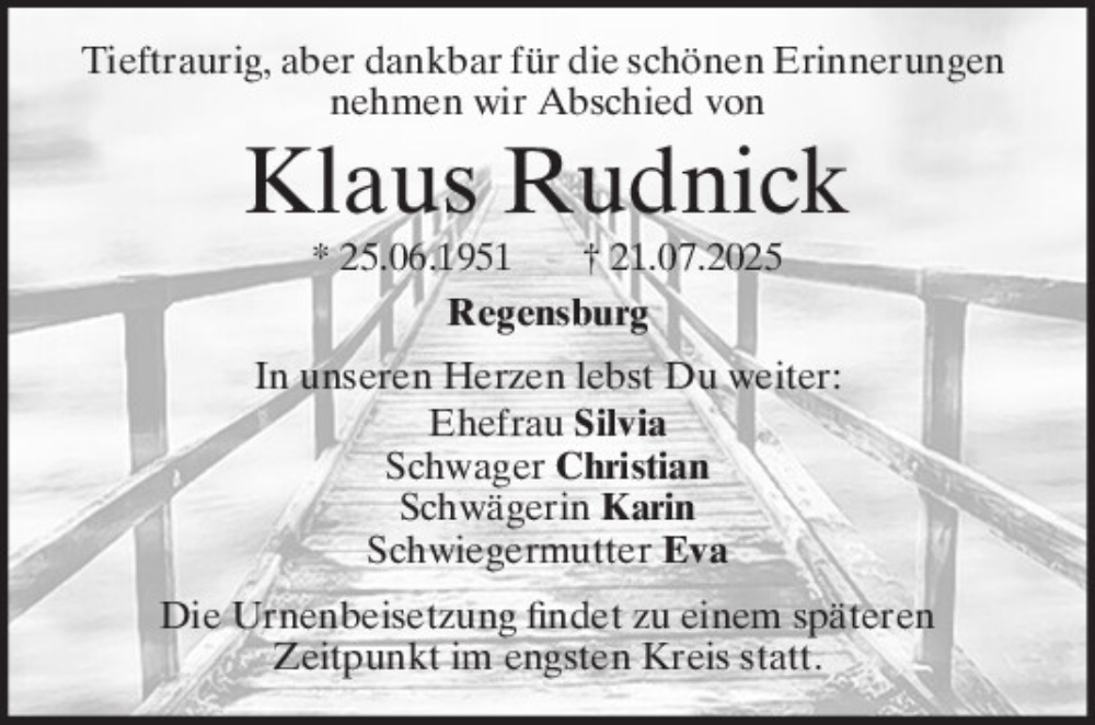  Traueranzeige für Klaus  Rudnick vom 26.07.2025 aus Mittelbayerische Zeitung Regensburg