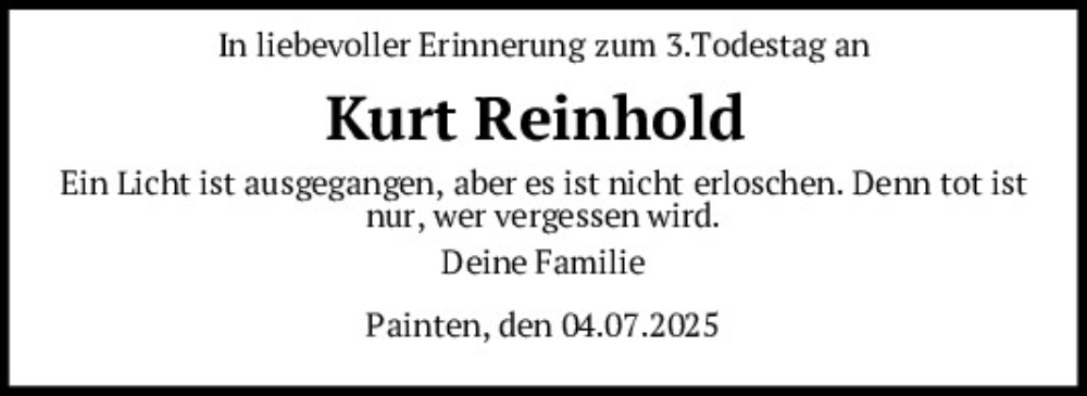  Traueranzeige für Kurt Reinhold  vom 04.07.2025 aus Mittelbayerische Zeitung Kelheim