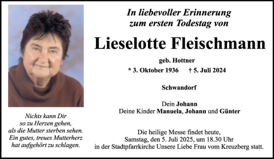Traueranzeige von Lieselotte  Fleischmann von Mittelbayerische Zeitung Schwandorf