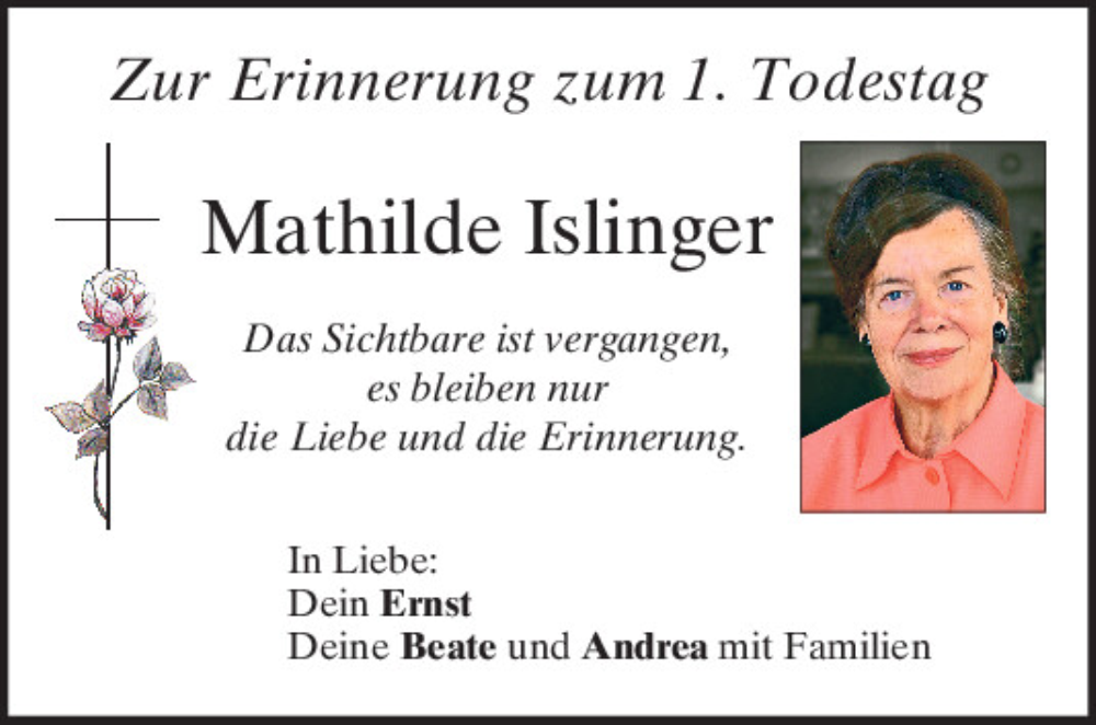 Traueranzeige für Mathilde  Islinger vom 26.07.2025 aus Mittelbayerische Zeitung Regensburg