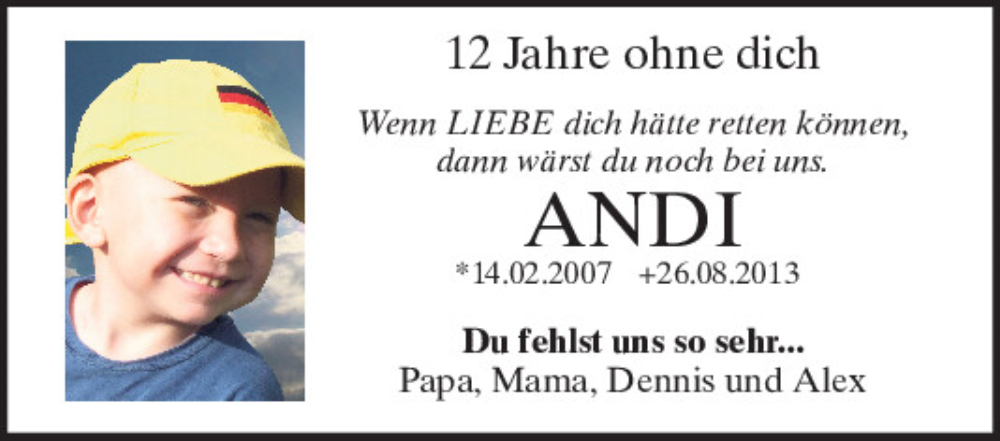  Traueranzeige für Andi  vom 26.08.2025 aus Mittelbayerische Zeitung Schwandorf