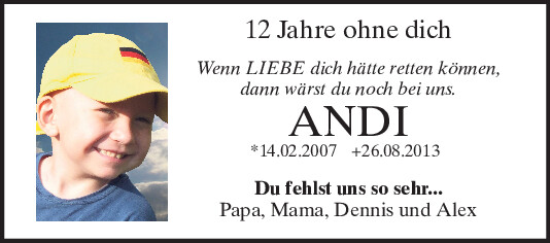 Traueranzeige von Andi  von Mittelbayerische Zeitung Schwandorf