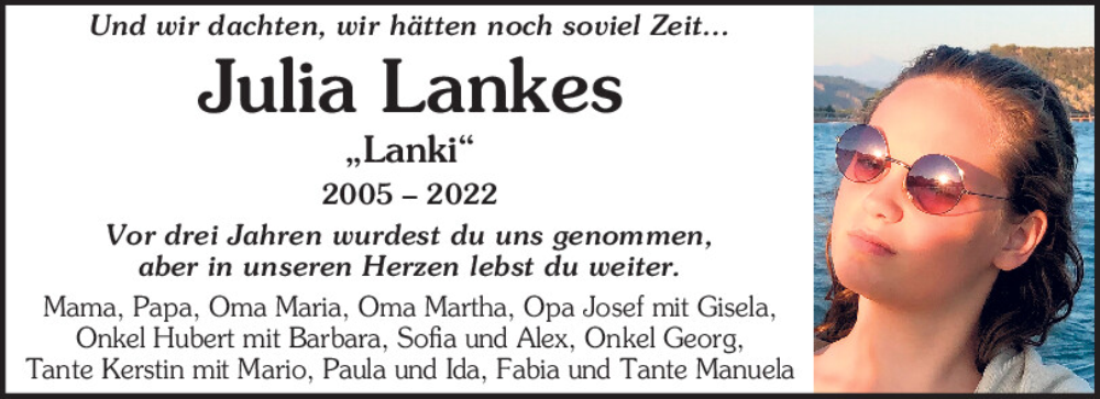  Traueranzeige für Julia Lankes vom 22.08.2025 aus Bayerwald Echo