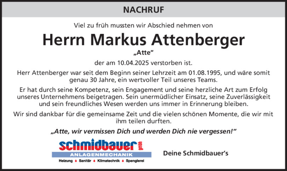  Traueranzeige für Markus Attenberger vom 02.08.2025 aus Bayerwald Echo