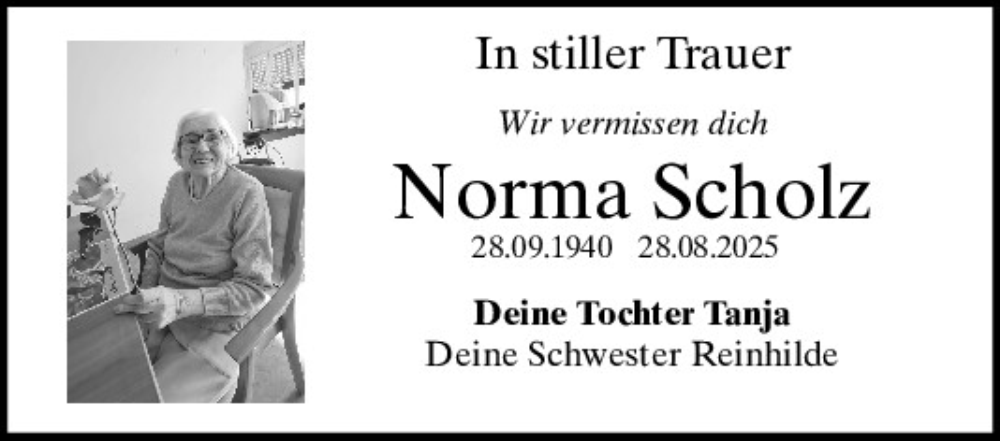  Traueranzeige für Norma Scholz vom 30.08.2025 aus Mittelbayerische Zeitung Schwandorf