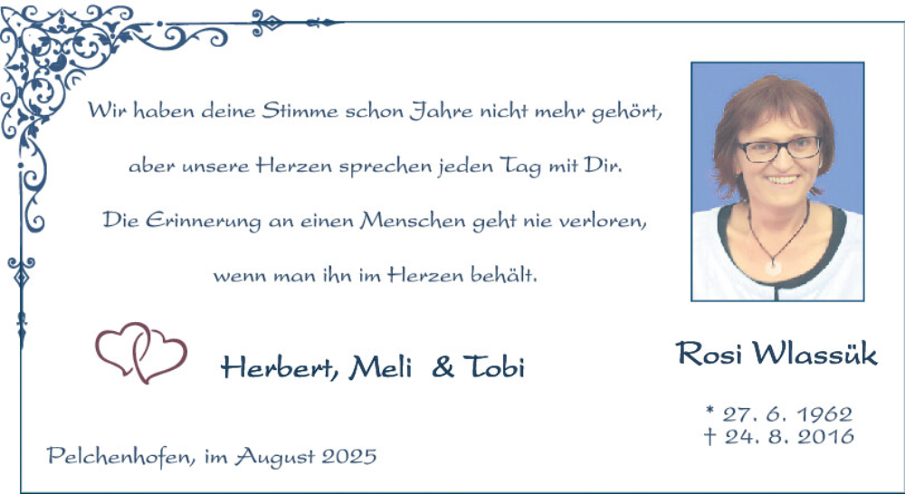  Traueranzeige für Rosi Wlassük vom 23.08.2025 aus Neumarkter Tagblatt