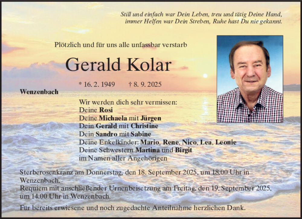  Traueranzeige für Gerald Kolar vom 13.09.2025 aus Mittelbayerische Zeitung Regensburg