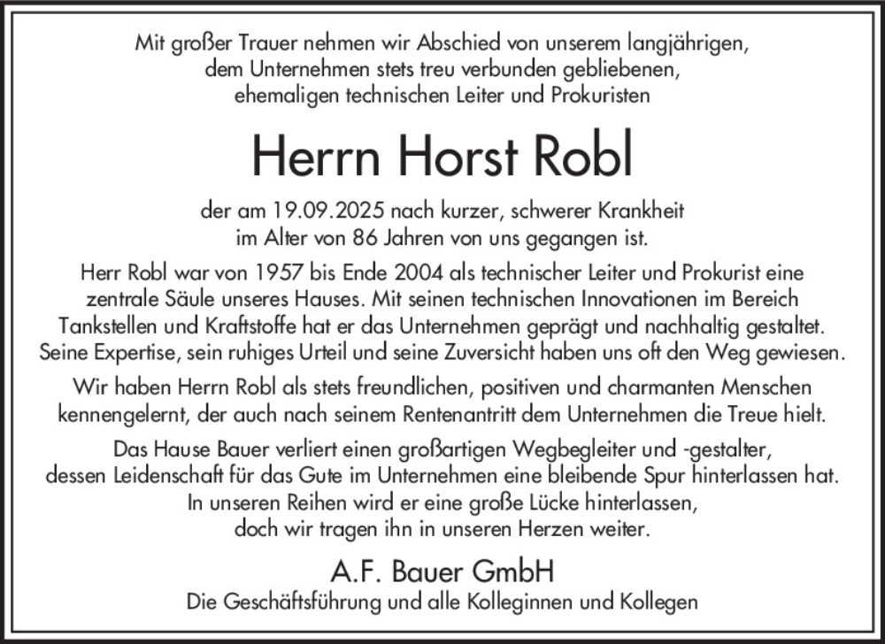  Traueranzeige für Horst Robl vom 27.09.2025 aus Mittelbayerische Zeitung Regensburg