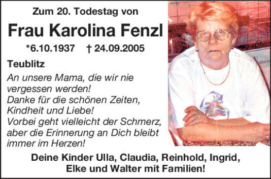 Traueranzeige von Karolina Fenzl von Mittelbayerische Zeitung Schwandorf