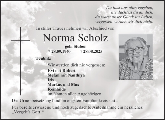Traueranzeige von Norma Scholz von Mittelbayerische Zeitung Schwandorf