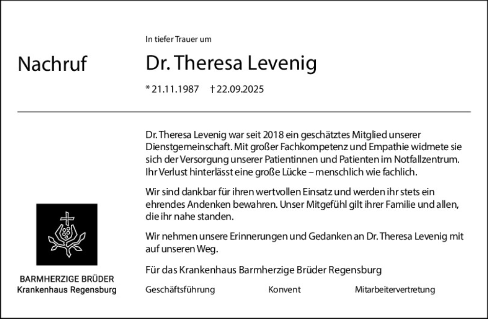  Traueranzeige für Theresa Levenig vom 27.09.2025 aus Mittelbayerische Zeitung Gesamtausgabe