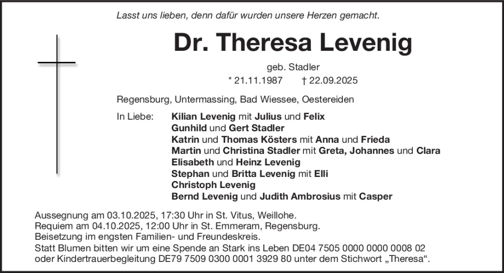  Traueranzeige für Theresa Levenig vom 27.09.2025 aus Mittelbayerische Zeitung Regensburg