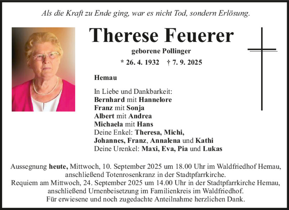  Traueranzeige für Therese Feuerer vom 10.09.2025 aus Mittelbayerische Zeitung Regensburg