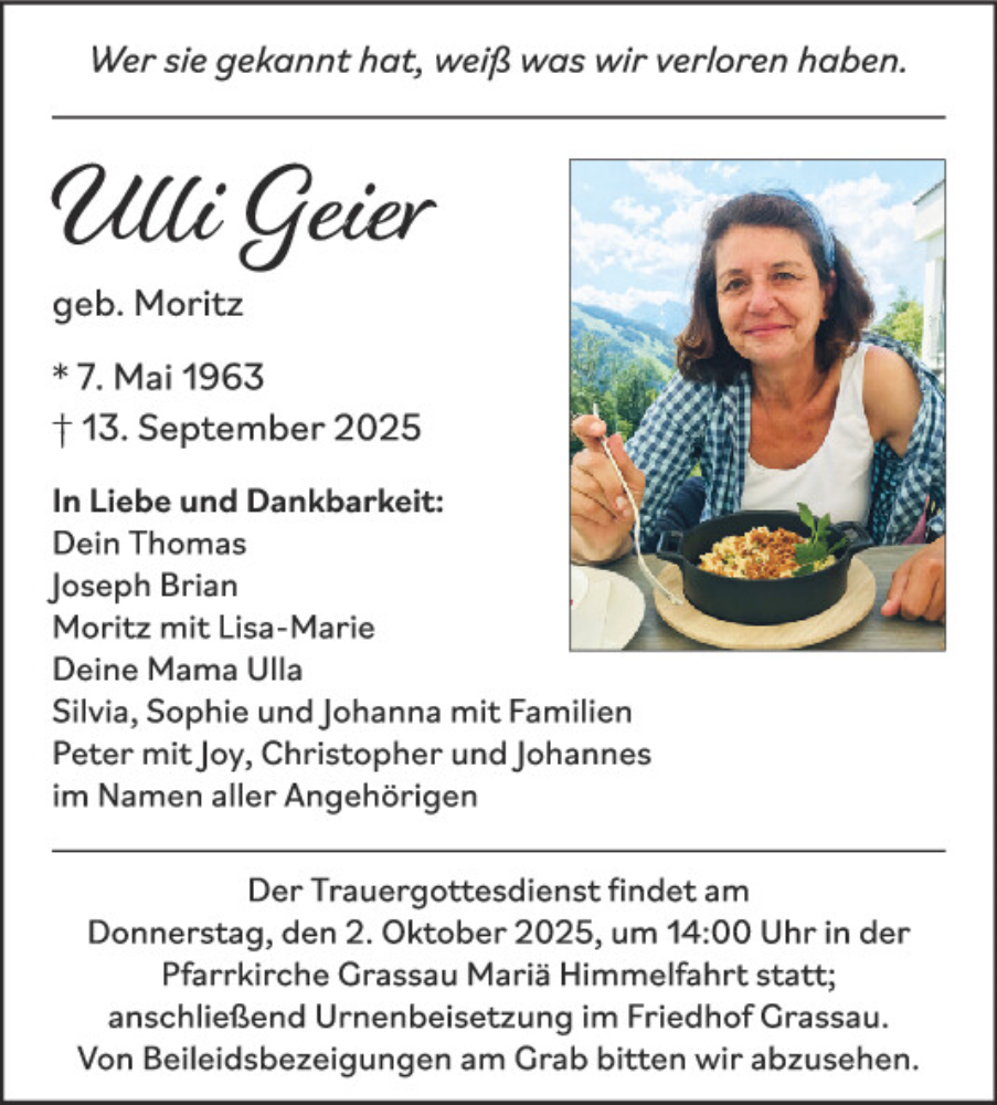  Traueranzeige für Ulrike Geier vom 30.09.2025 aus Mittelbayerische Zeitung Regensburg