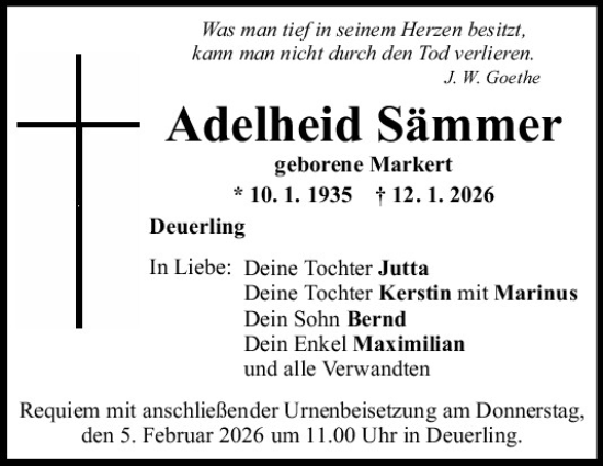 Traueranzeige von Adelheid Sämmer von Mittelbayerische Zeitung Regensburg