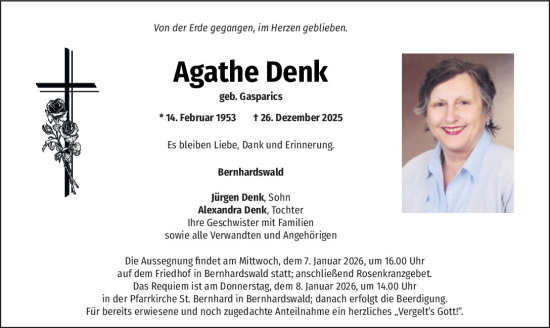 Traueranzeige von Agathe Denk von Mittelbayerische Zeitung Regensburg