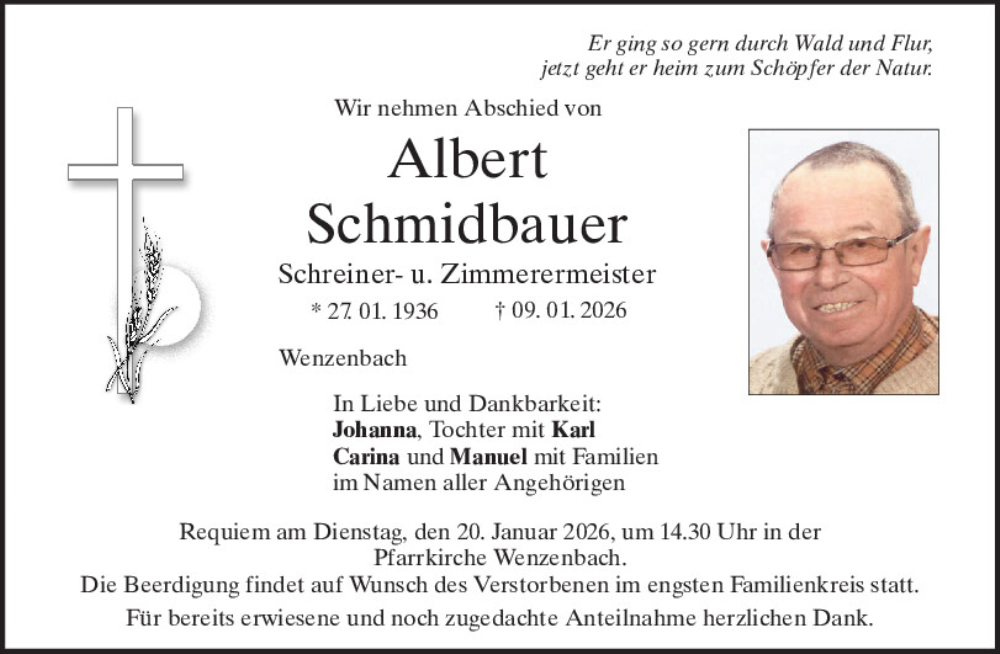  Traueranzeige für Albert Schmidbauer vom 17.01.2026 aus Mittelbayerische Zeitung Regensburg