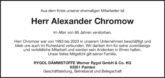 Traueranzeige von Alexander Chromow von Mittelbayerische Zeitung Regensburg, Mittelbayerische Zeitung Kelheim