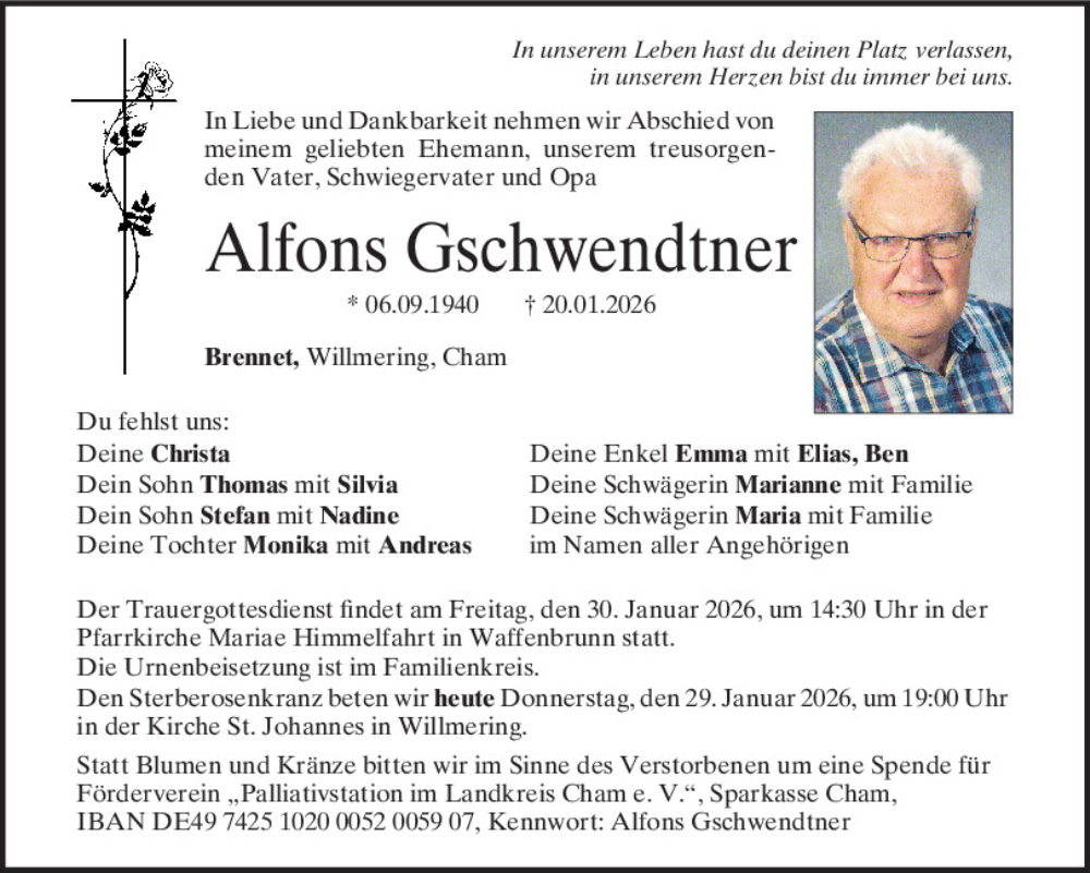  Traueranzeige für Alfons Gschwendtner vom 29.01.2026 aus Bayerwald Echo