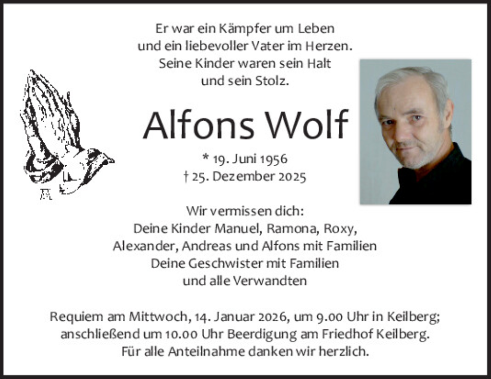  Traueranzeige für Alfons Wolf vom 10.01.2026 aus Mittelbayerische Zeitung Regensburg