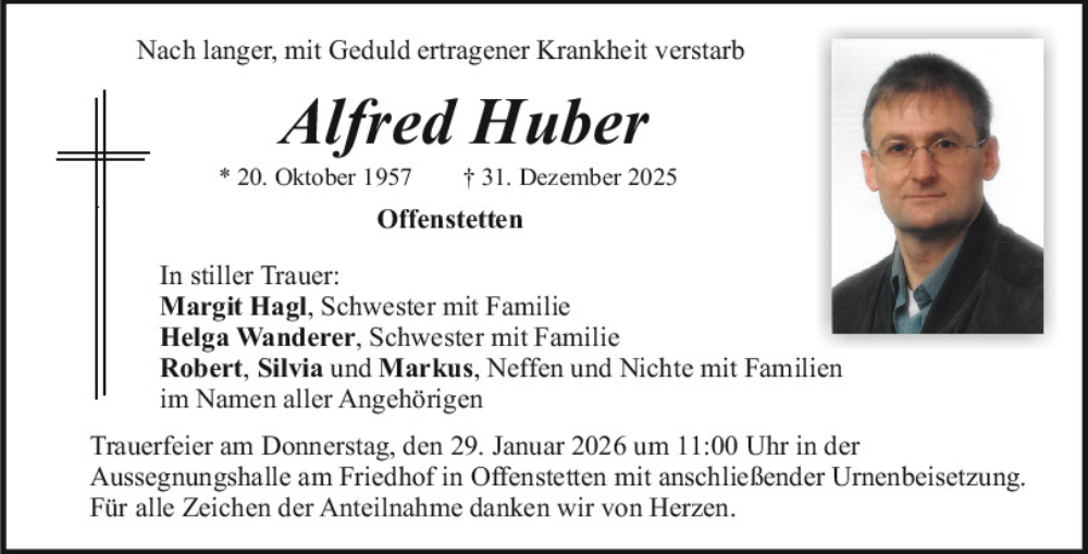  Traueranzeige für Alfred Huber vom 24.01.2026 aus Mittelbayerische Zeitung Kelheim